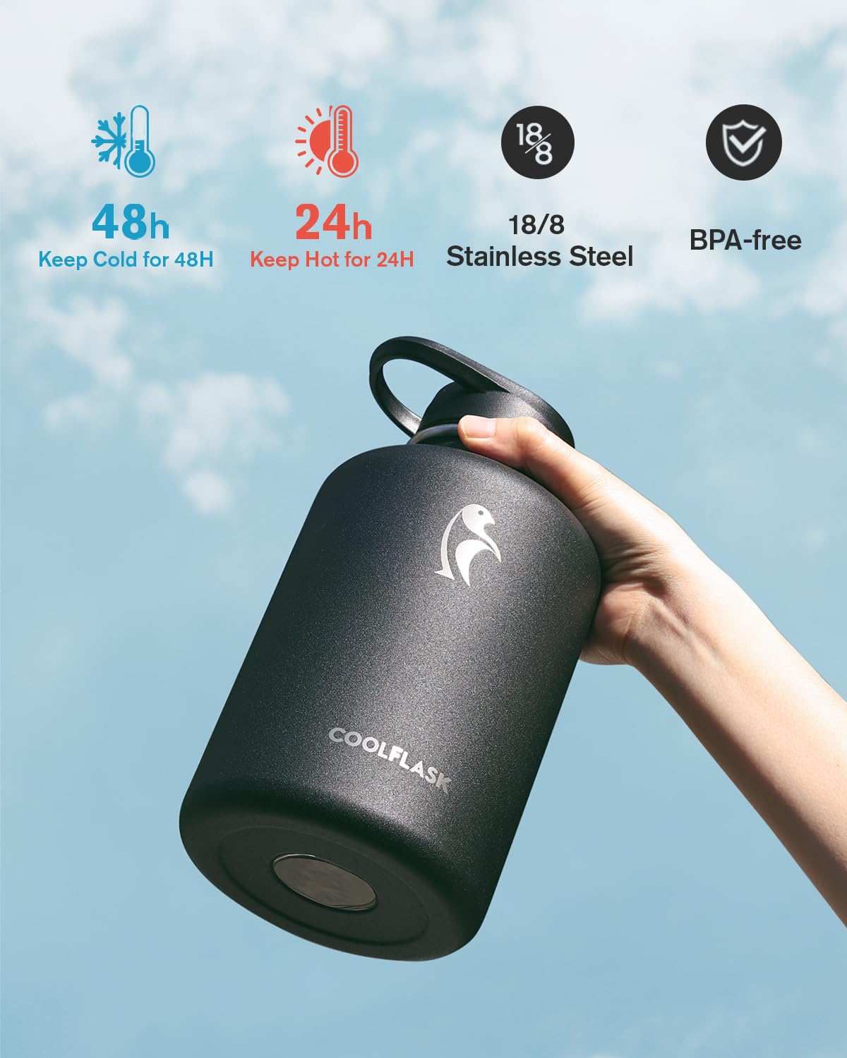 Coolflask 64 Oz Insulated Water Bottle With Strap & Sleeve, Half Gallon Water Jug 3 Lids Stainless Steel Multifunctional Flask B