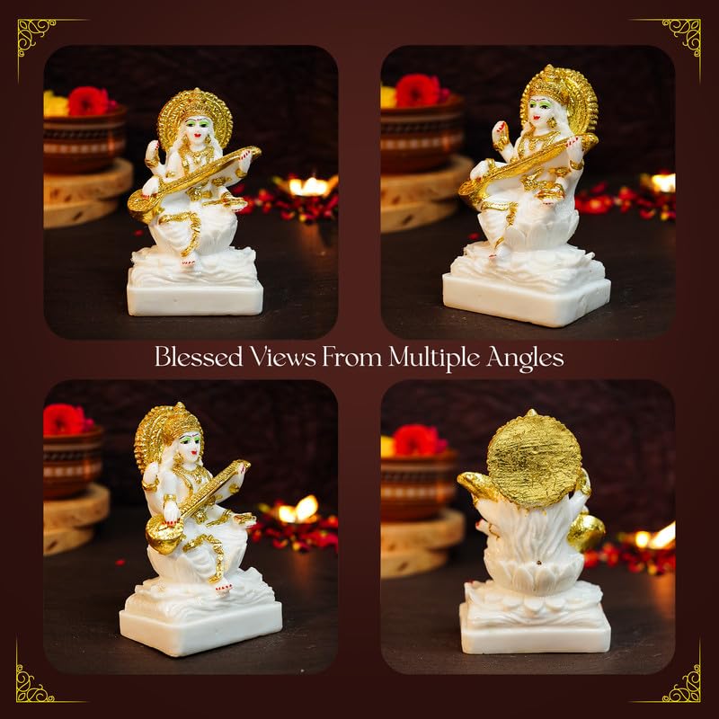 Ekhasa Aura Series Marble Dust Maa Saraswati Idol (5 Inch) | Gold Plated Saraswati Maa Murti For Study Table, Pooja Room & Home