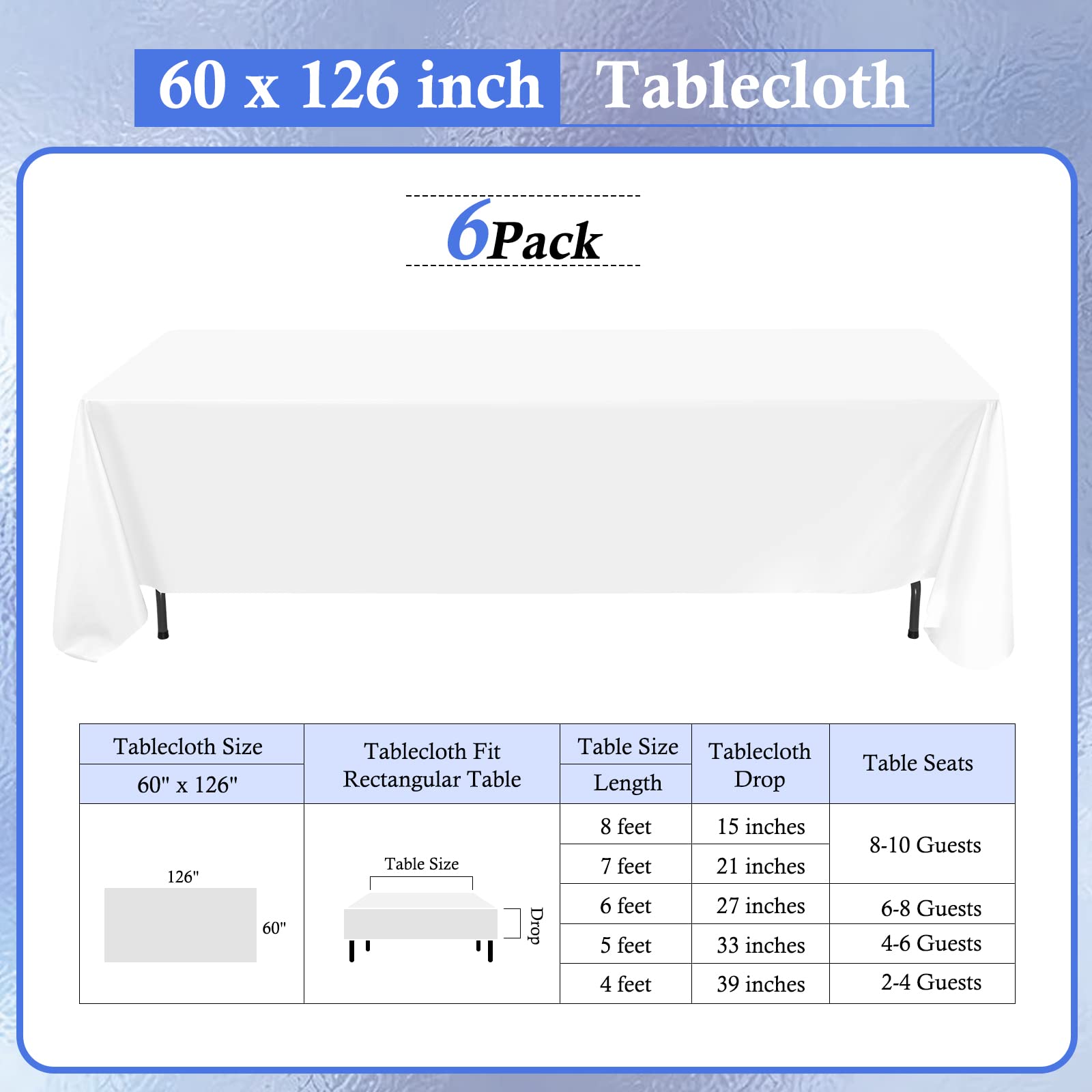 6 Pack Polyester Tablecloths, White 60 X 126 Inch Polyester Table Cloth For 8 Foot Rectangle Tables, Stain And Wrinkle Resistant