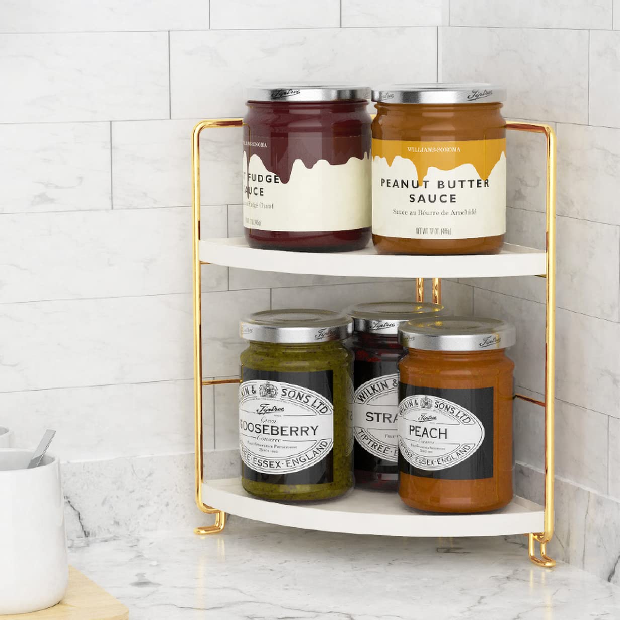 FSyueyun 2-Tier Corner Bathroom Countertop Organizer  Kitchen Spice Rack Makeup Storage Shelf Vanity Bedroom Storage Tray (Gold)