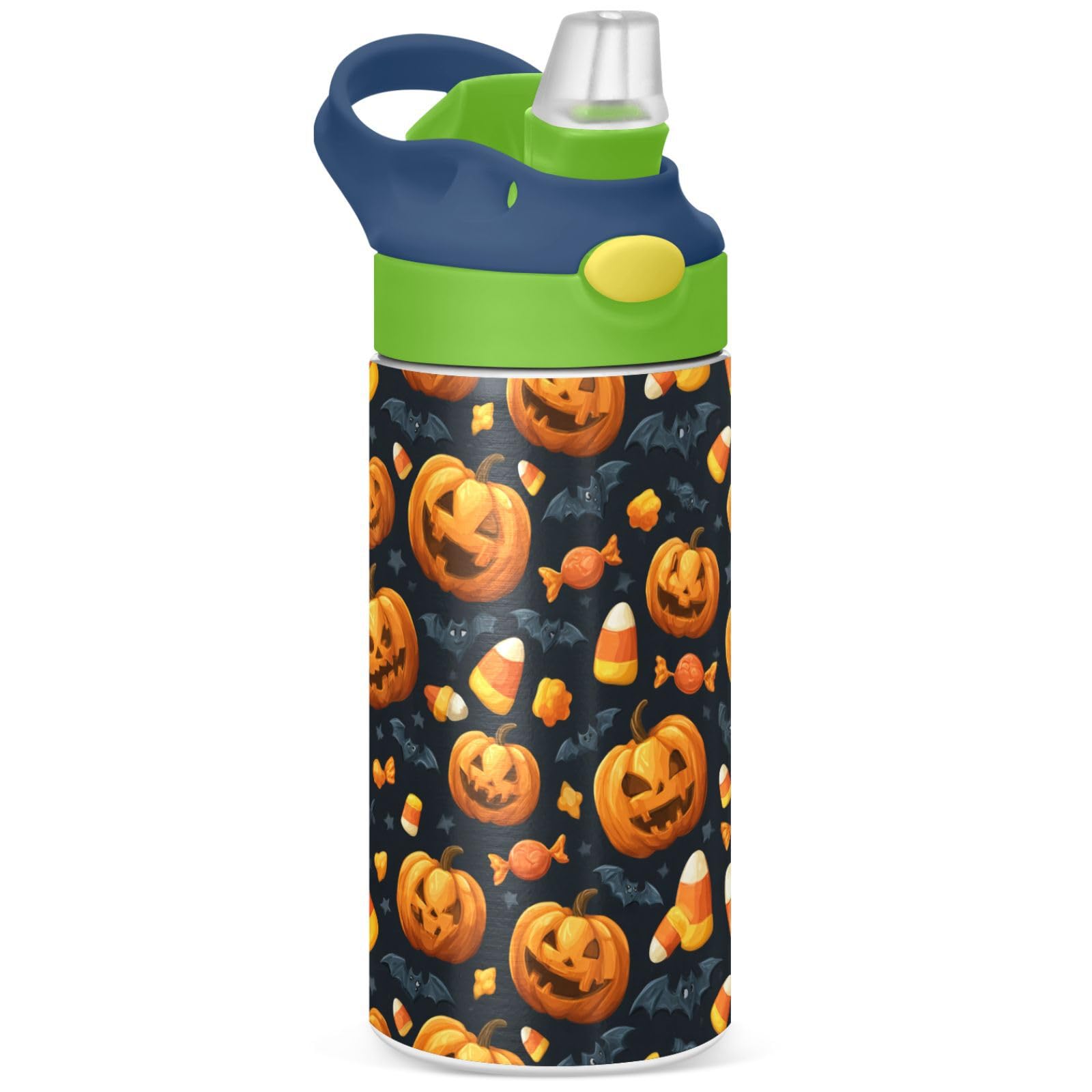 Pigsaly Kids Insulated Water Bottle Halloween Cute Pumpkin Ghost12oz Stainless Steel Vacuum Insulated Tumbler With Handle Double