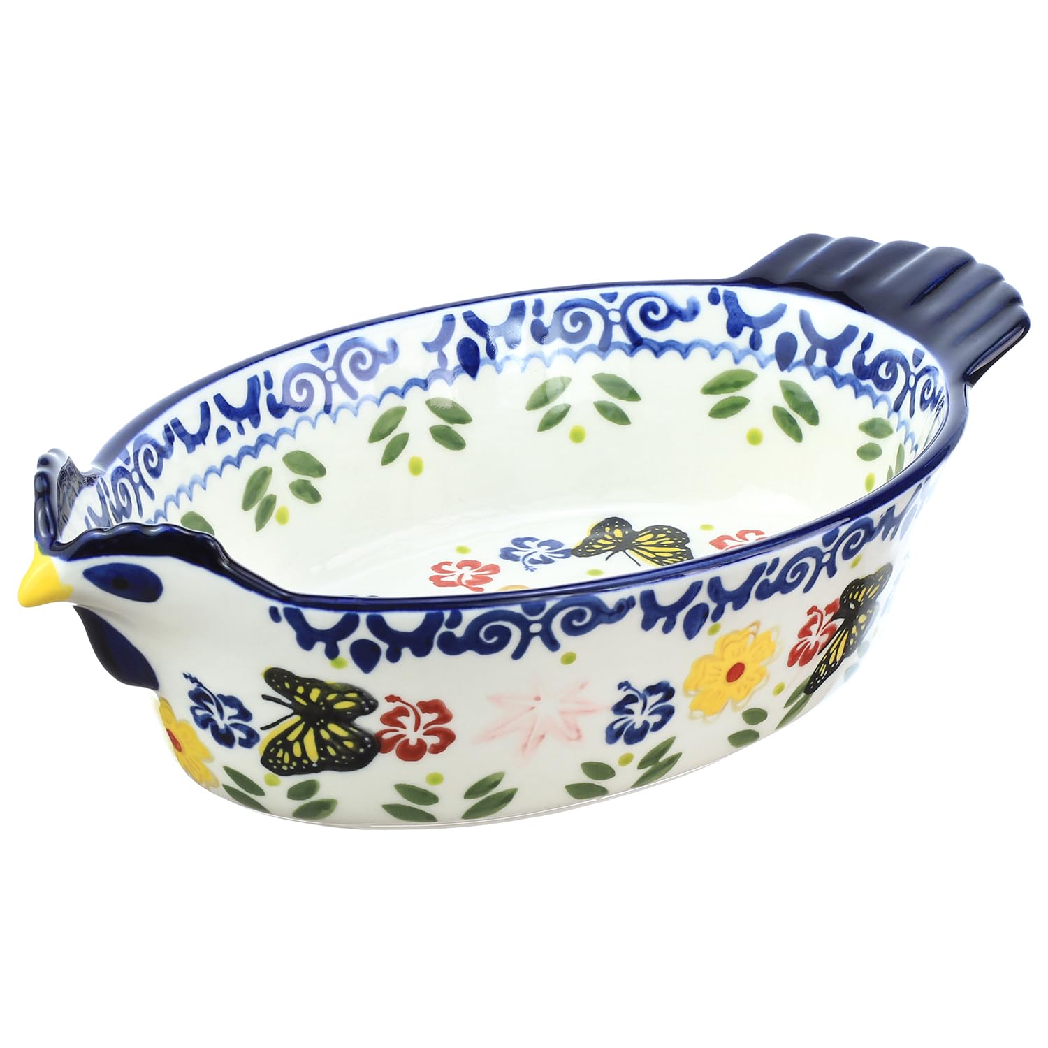 Bicuzat Vintage Butterfly and Flower Pattern Pie Pan, Chicken Shape Ceramic Bakeware Casserole Dish Baking Pan Bakers Lasagna Pa