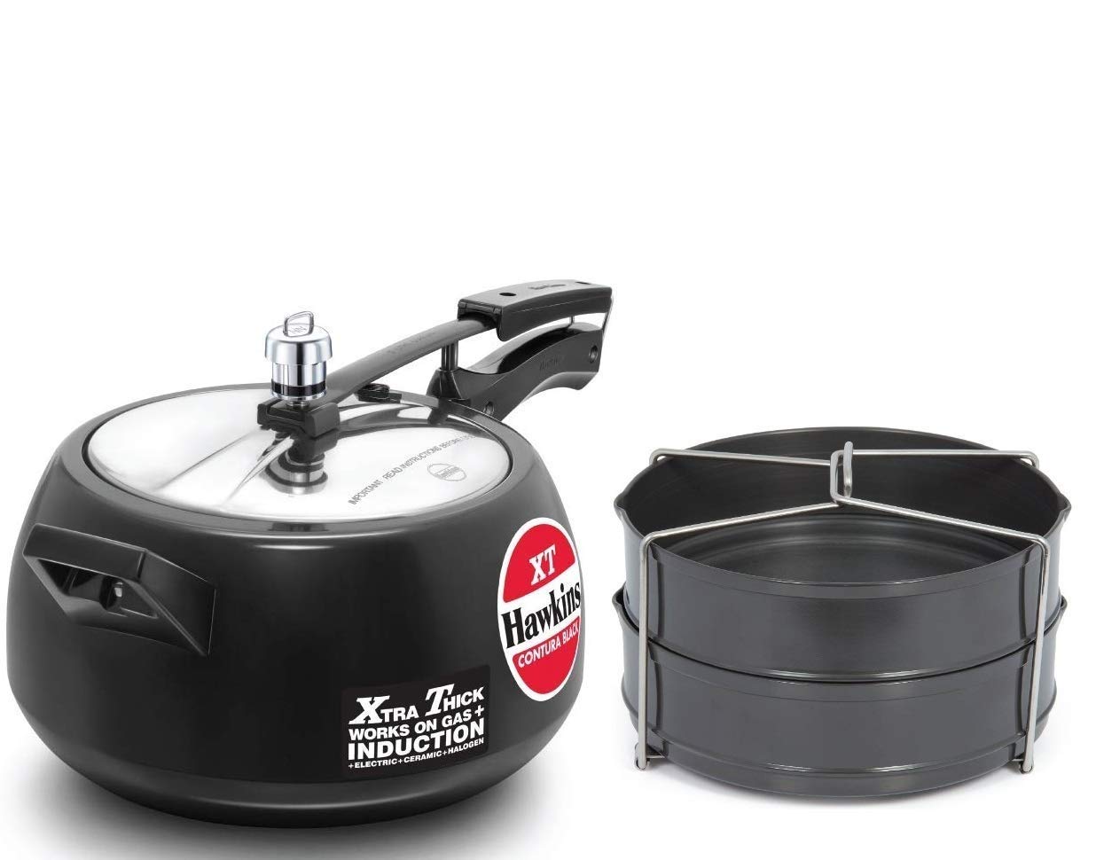 Hawkins Contura Hard Anodized Induction Compatible Aluminum Inner Lid Pressure Cooker, 5 Litres With Hard Anodised 2 Dish Set/Se