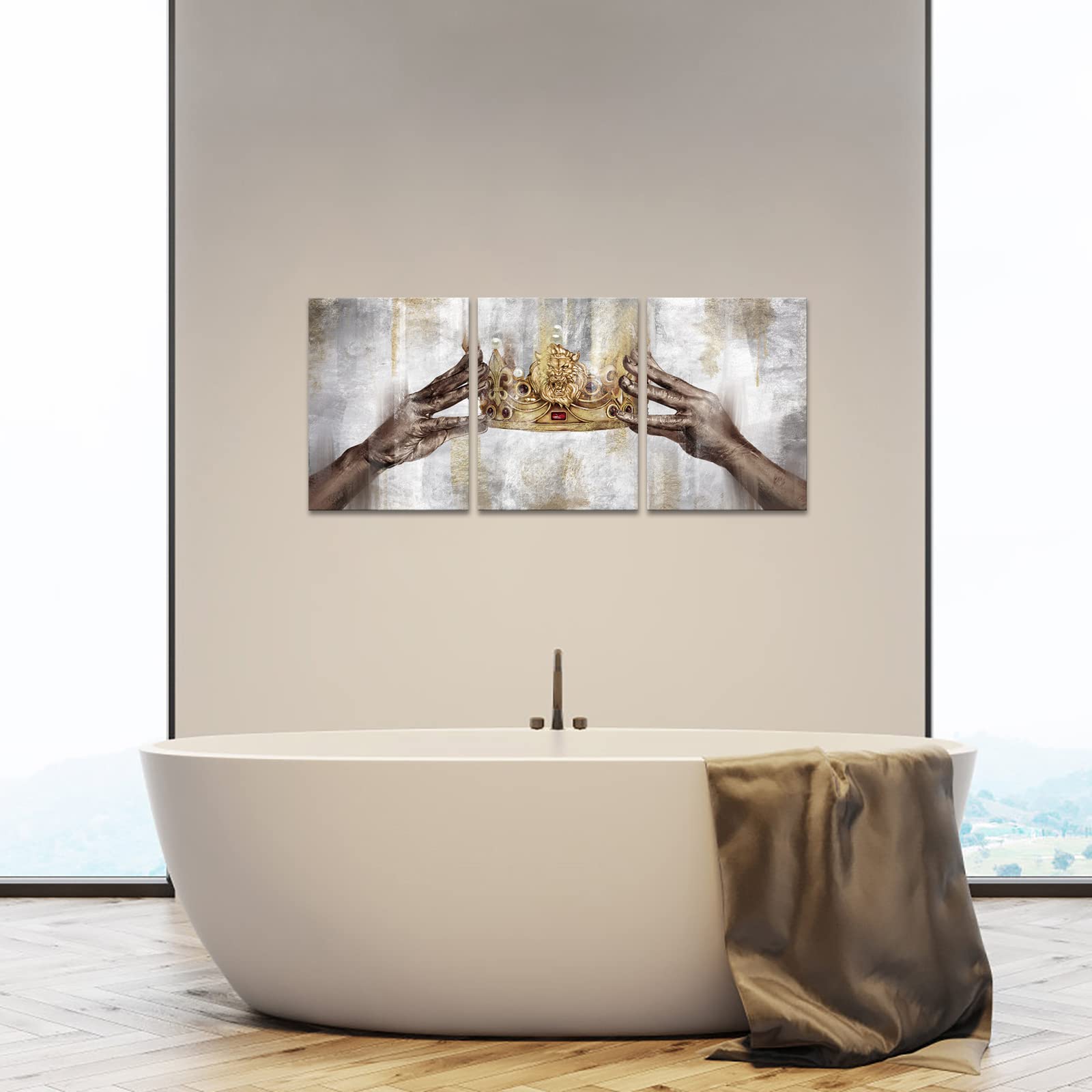 Apicoture King Queen Crown Wall Decor - Gold Grey Diadem Canvas Wall Art Decor Pictures Framed Living Room Bedroom Dressing Room