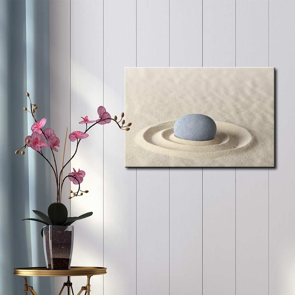Wall26 - A Solitary Stone In A Zen Rock Garden With Formed Ripples - Canvas Art Home Art - 32X48 Inches