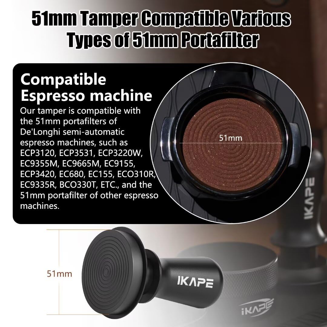 Ikape 51Mm Espresso Tamper, Spring-Loaded Calibrated Tamper With Titanium Ripple Plating Base, Compatible With Over 51Mm Espress