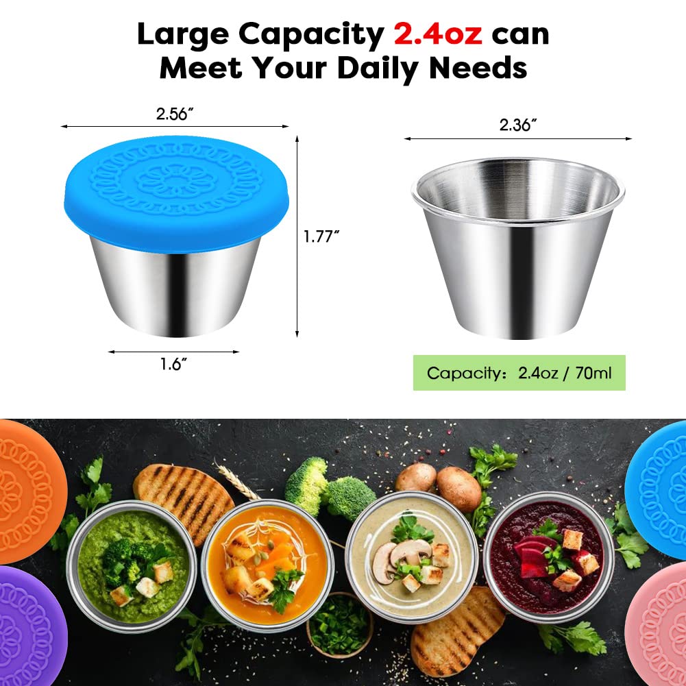 6Pack 2.4oz Small Condiment Containers with Lids  Salad Dressing Container To Go  Stainless Steel Sauce Silicone Leakproof  Reusable  Dipping Cups Lids
