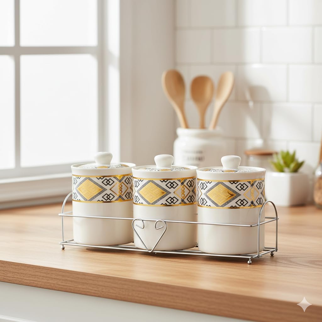 Better Home Ceramic Jars With Ceramic Lids & Stand, Pack Of 3 (700Ml Each), White & Gold |Glass Jar For Kitchen Storage | Kitche