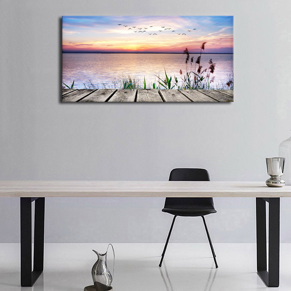 Large Wall Art for Living Room Peaceful Lake Sunset for Bedroom Wall Decor Contemporary Canvas Wall Art Nature Sunset Dock Flying Birds Grass Landscape for Home Office Decoration 24'' x 48''