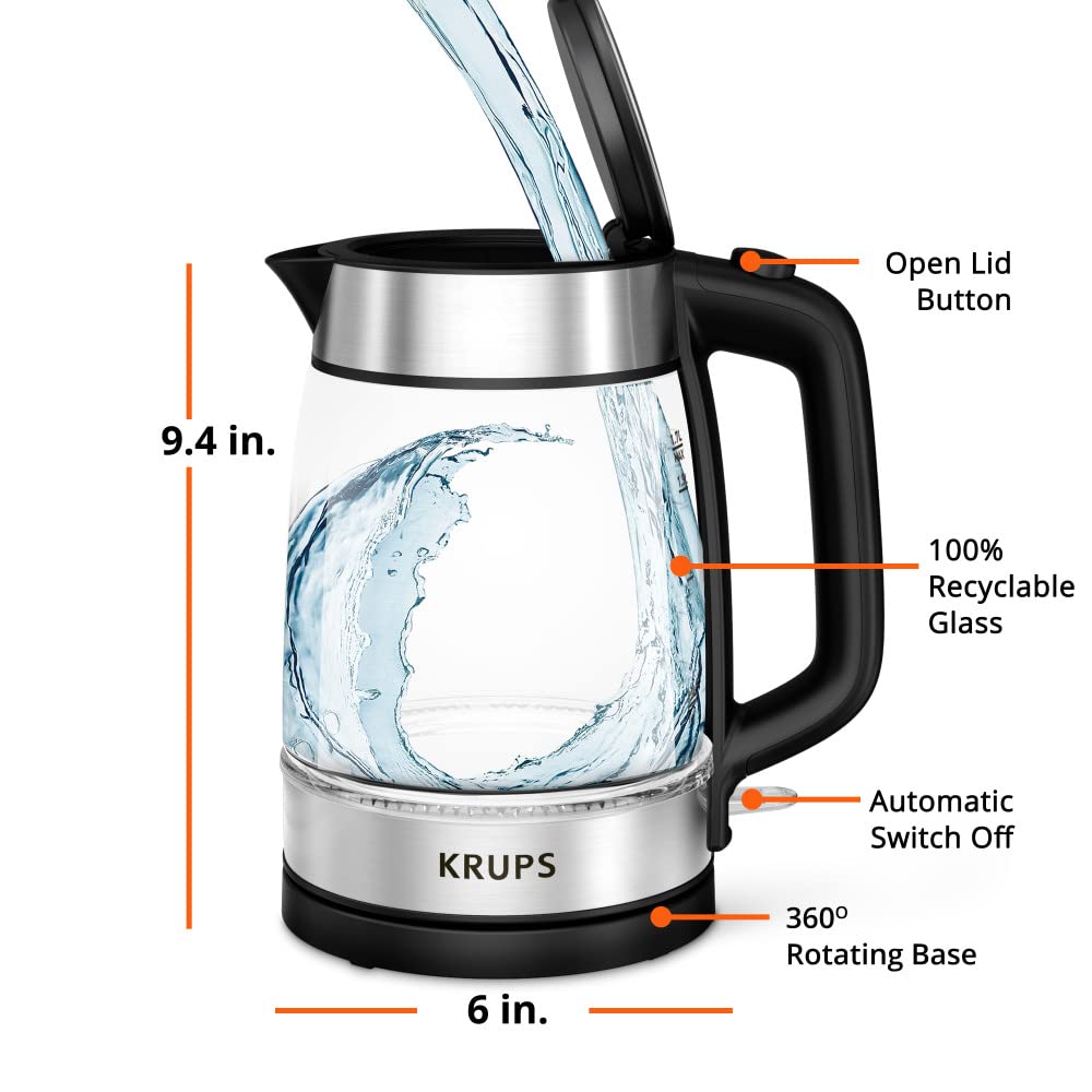 KRUPS 1.7L Glass Electric Kettle - Fast-Boiling 1500W, Auto Shut-Off, Stainless Steel and Black, Model KI700852