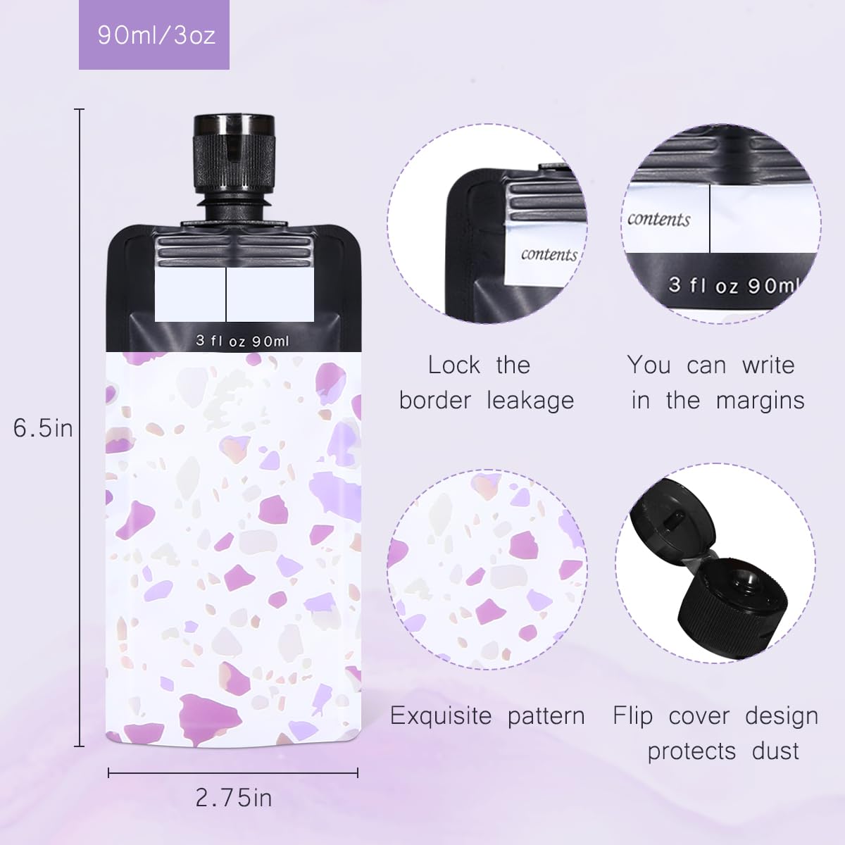 Asevat 3 Oz 6Pack Leak Proof Empty Squeeze Pouches Refillable Travel Size Containers Liquid Pouch Cosmetic Container Tsa Approve