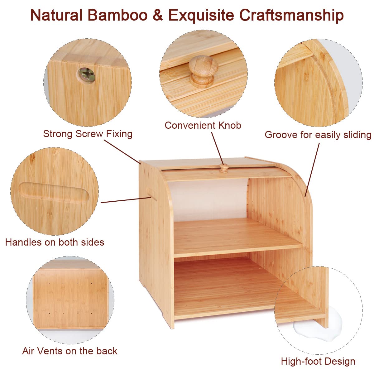 Purbambo Bamboo Bread Box For Kitchen Countertop, Double Layer Roll-Top Bread Storage Boxes Food Keeper With Adjustable Middle S
