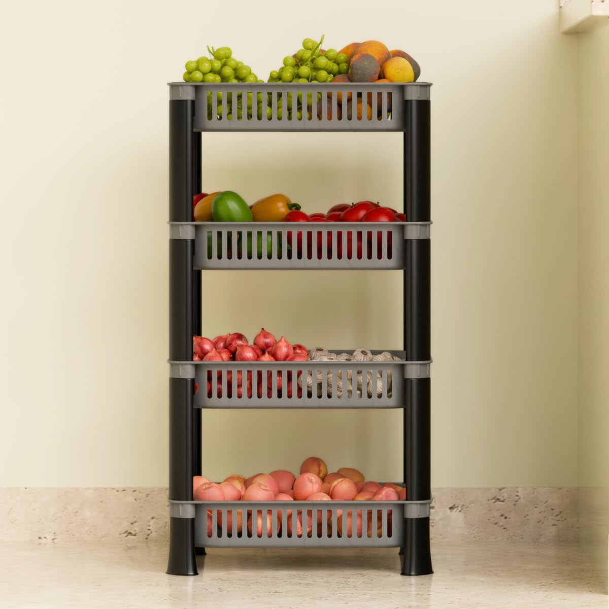 Biltoxi Kitchen Racks Plastic, Vegetable Basket Stand, Plastic Rack Office, Fruits Onion Stand for Kitchen (Grey Color, 4 Layer)