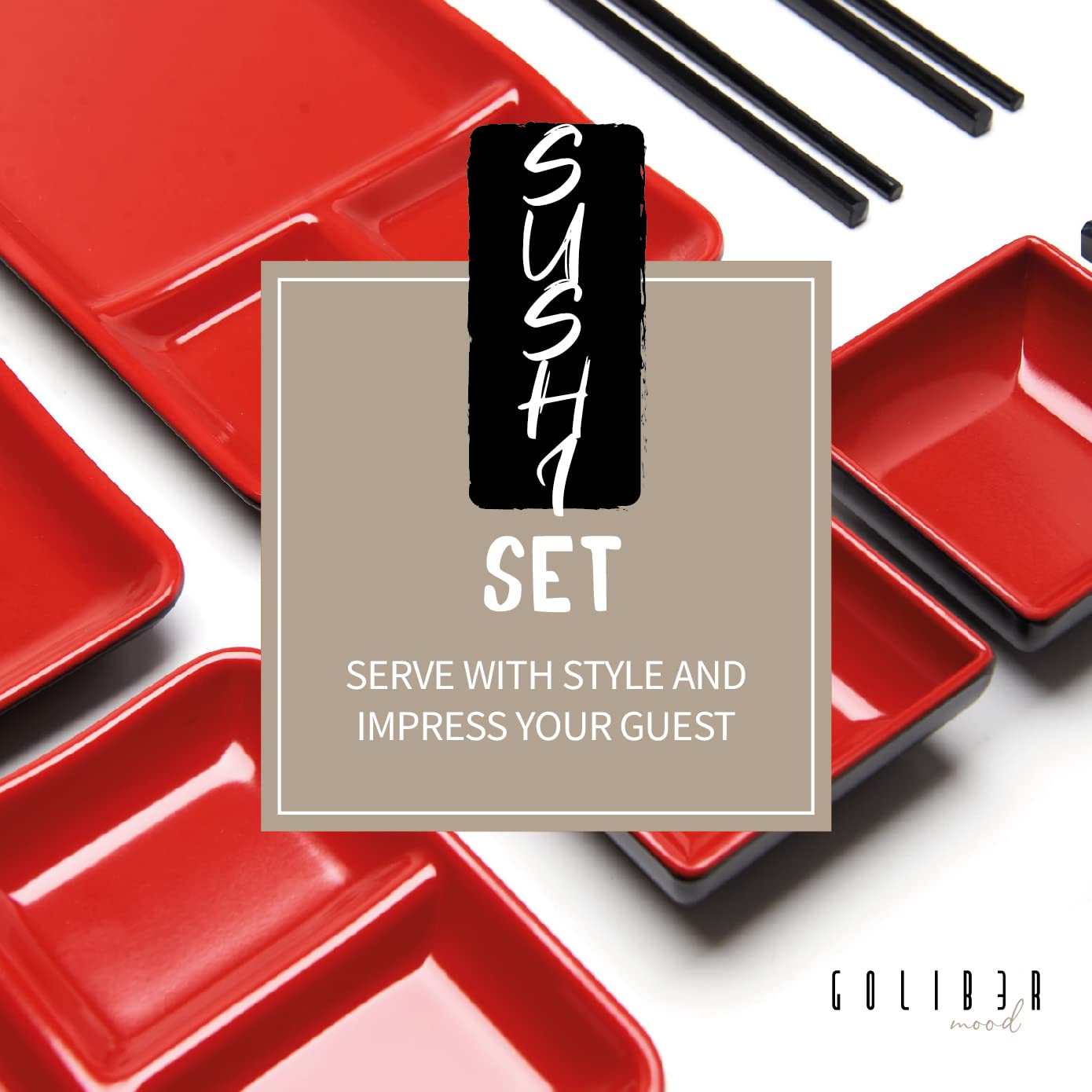 Goliber Sushi Serving Set, Melamine Sushi Serving Set For 4 With 4 Japanese Sushi Serving Plate, 4 Soy Sauce Dish, 4 Pairs Of Ch