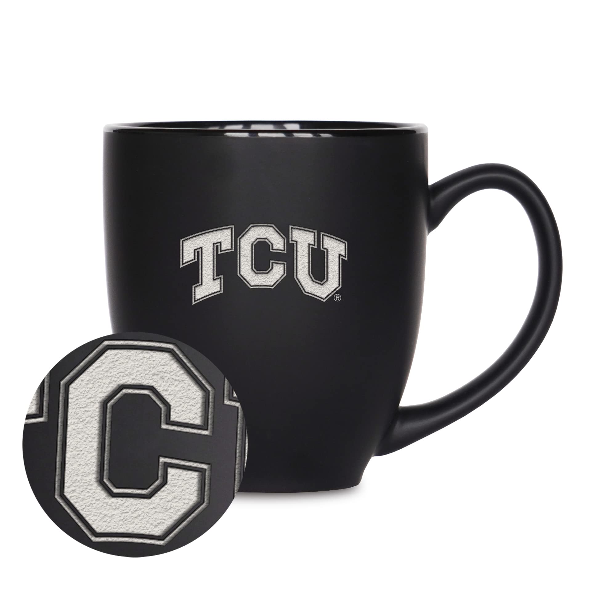 Rico Industries NCAA TCU Horned Frogs Main 15oz Laser Engraved Matte Black Ceramic Bistro Mug - For Hot or Cold Drinks