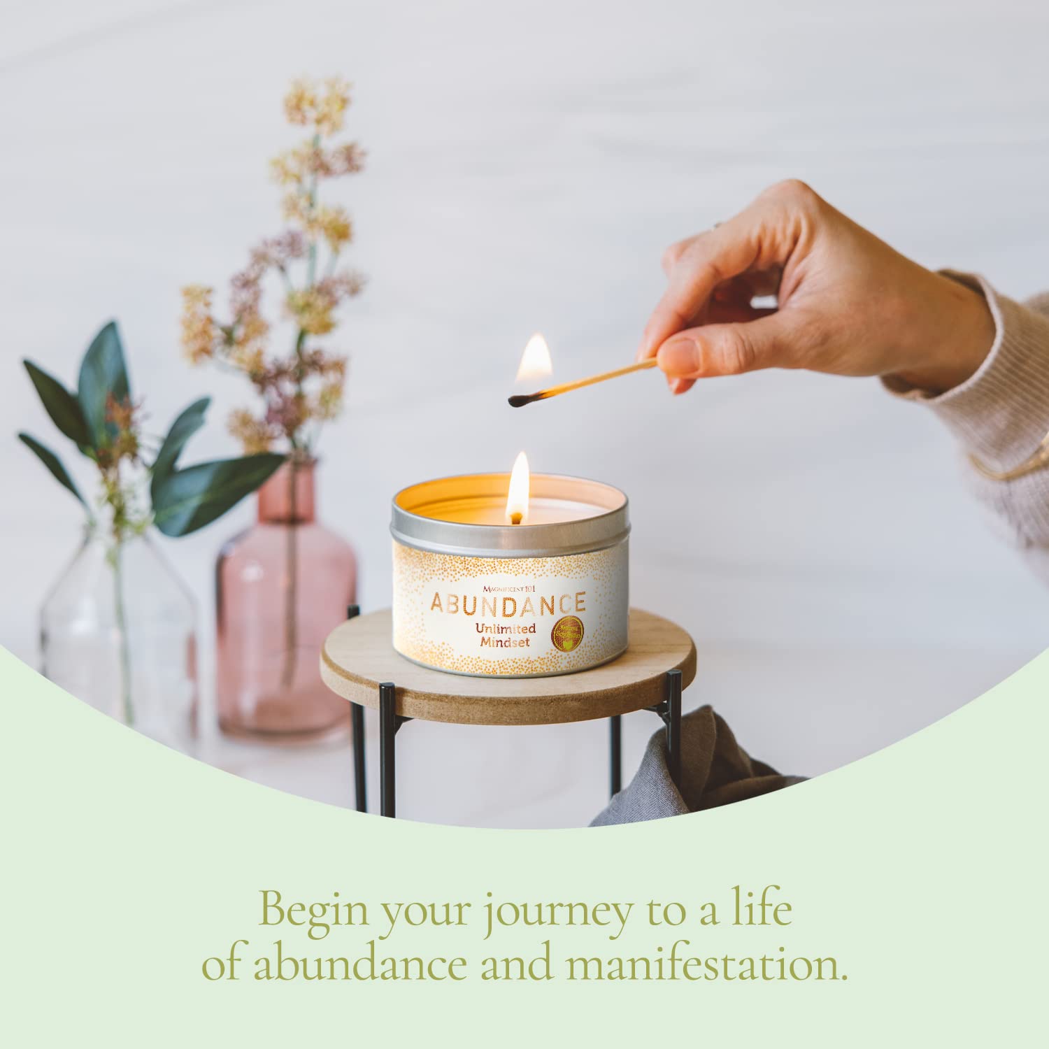 Magnificent 101 Abundance Aromatherapy Candle in 6-oz. Tin Holder: 100% Natural Soy Wax With Lemon, Rosemary & Sandalwood Essent