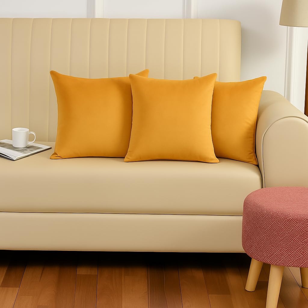 Stuffique Velvet Pillow Solid Plain 190 Tc Cushion Covers Pack Of 3 (16 X 16 Inch) Yellow