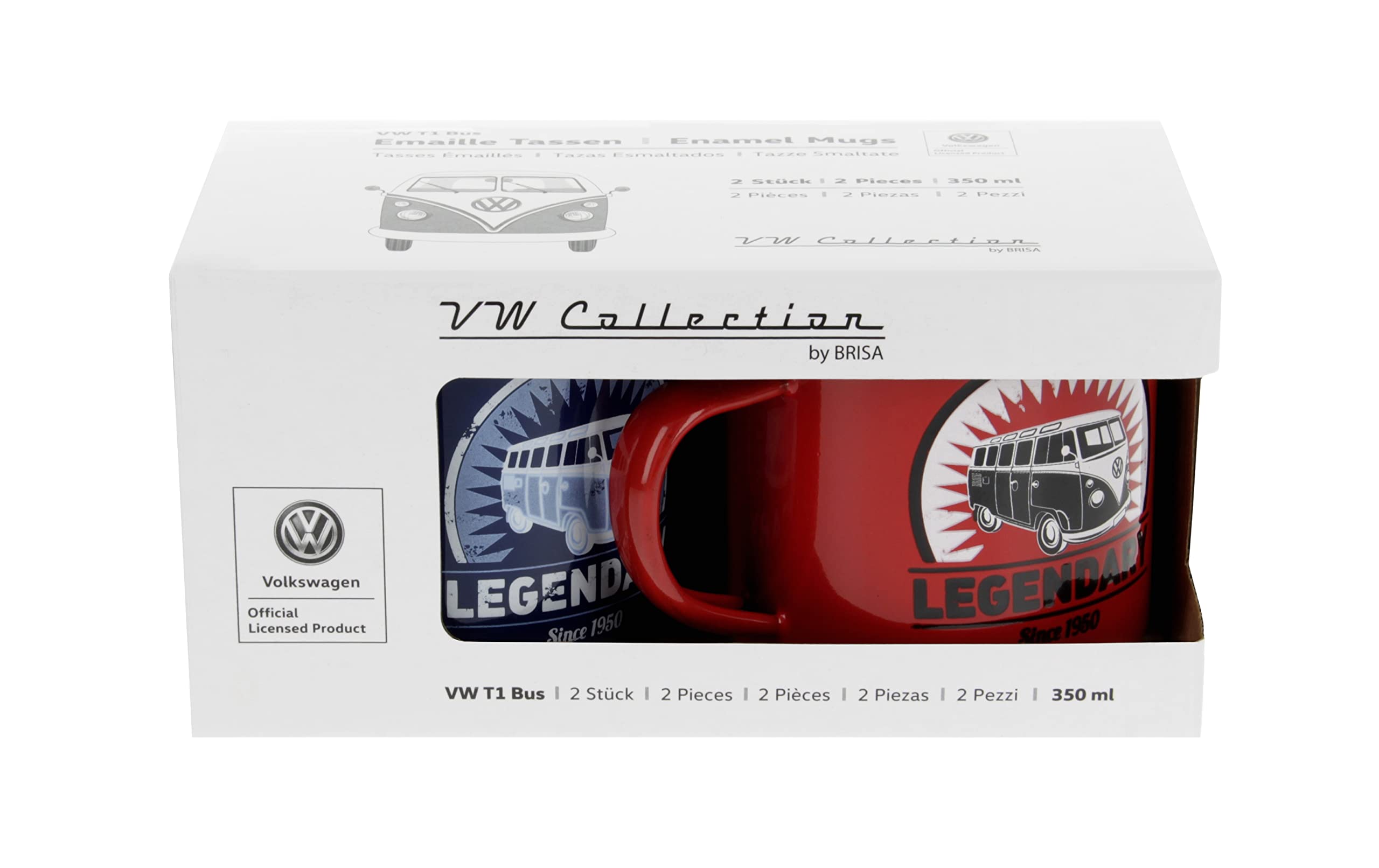 Brisa Vw Collection - Volkswagen 2-Piece Enamel Coffeetea Mug Cup Set For Camping & Outdoor T1 Bus (Legendary/Red&Blue) (11.8 Fl