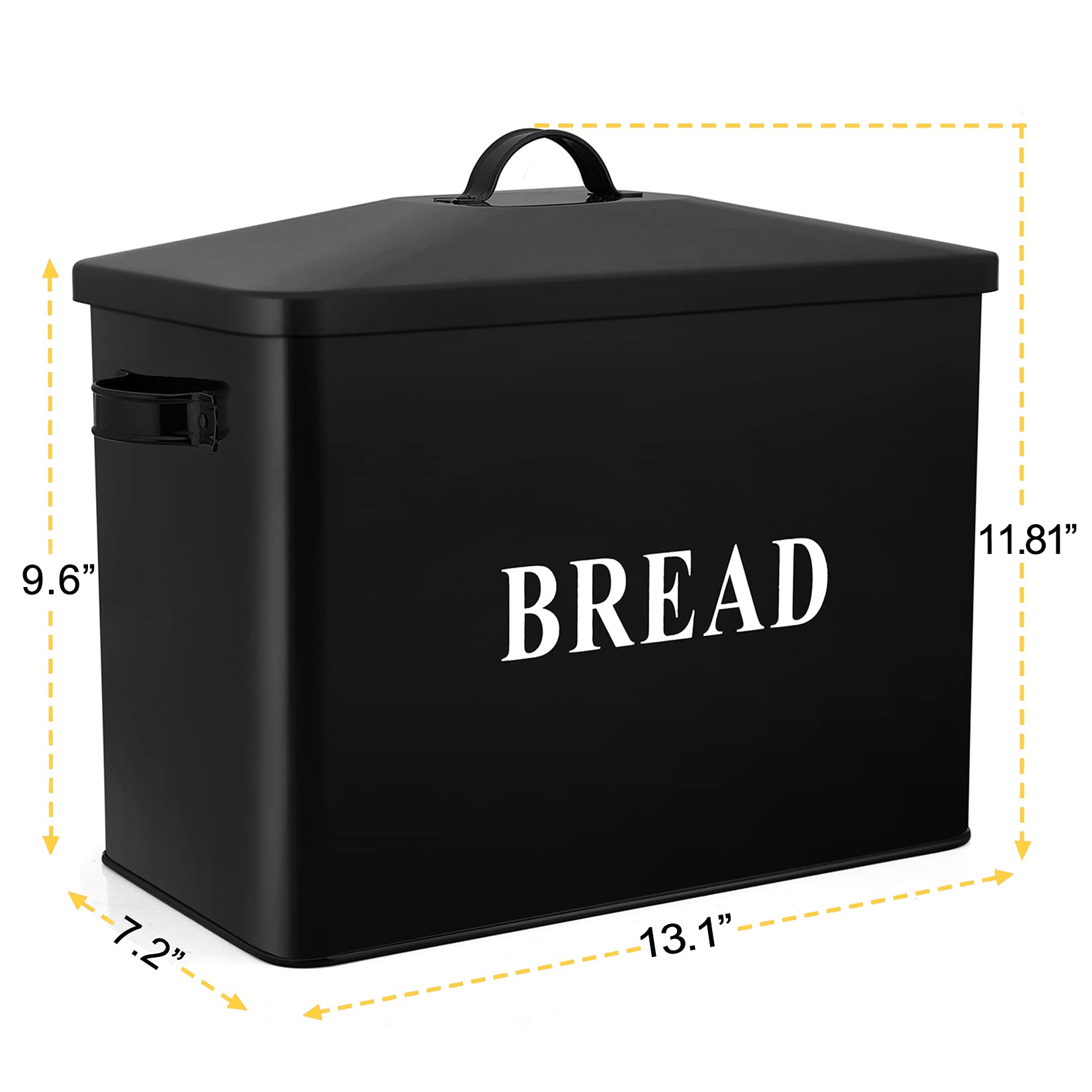 P&P Chef Extra Large Black Bread Box With Lid, Metal Bread Storage Container For Farmhouse Kitchen Countertop, 13.1    X 11.81