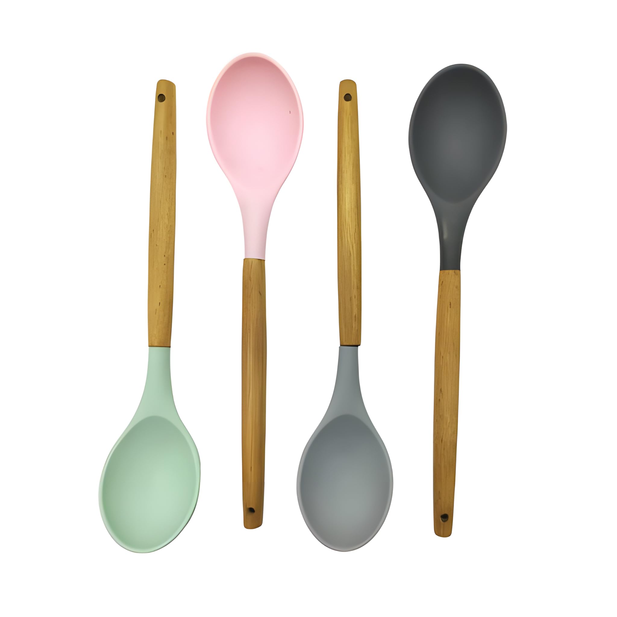Lemon Tree Silicone Cooking Spoon Set | Flat Mixing Spoon With Wooden Handle | Nonstick Heat Resistant Kitchen Utensil Set For C