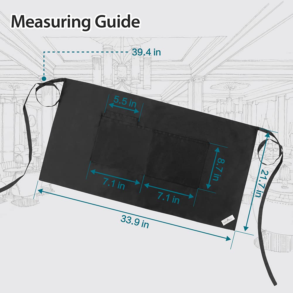 Rotanet Server Aprons Half Bistro Apron With 3 Pockets 22 Inch Long Large Restaurant Waist Apron For Men Women Waterproof Black