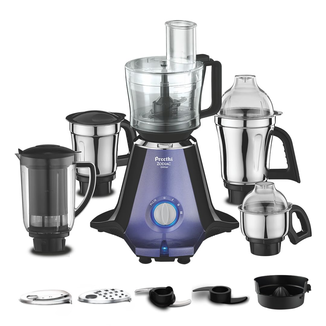 Preethi Zodiac Glitter Mixer Grinder+Food Processor I 750 Watt I 2Yr Guarantee & Lifelong Free Service I 5 Jars (3 Stainless Ste