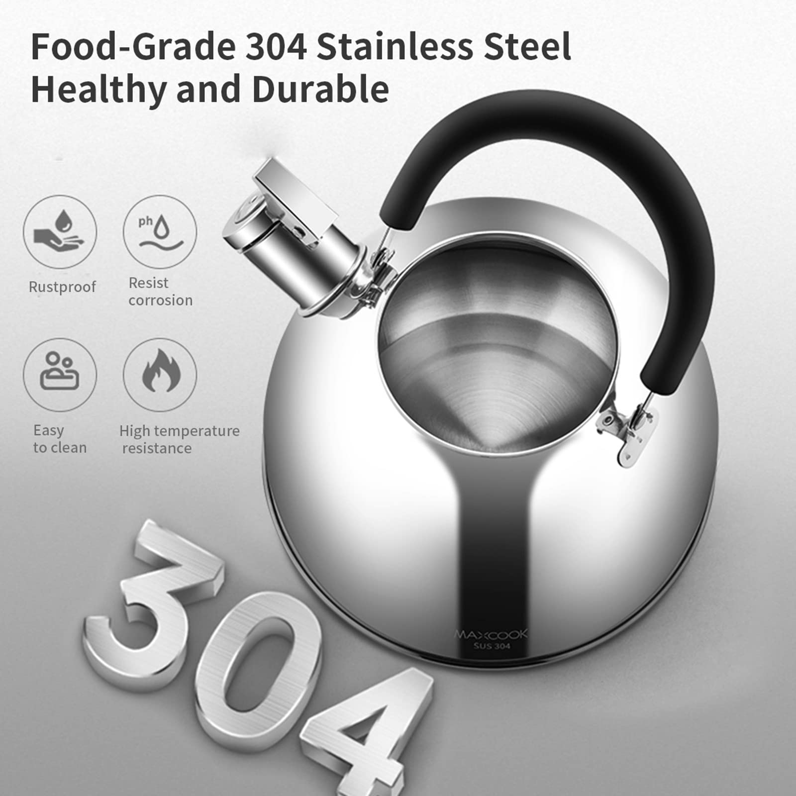 Maxcook 304 Stainless Steel Whistling Tea Kettle 2.1 Quart/2L, Suitable To Boiling Water & Tea On Induction Stove, Gas Stove Top