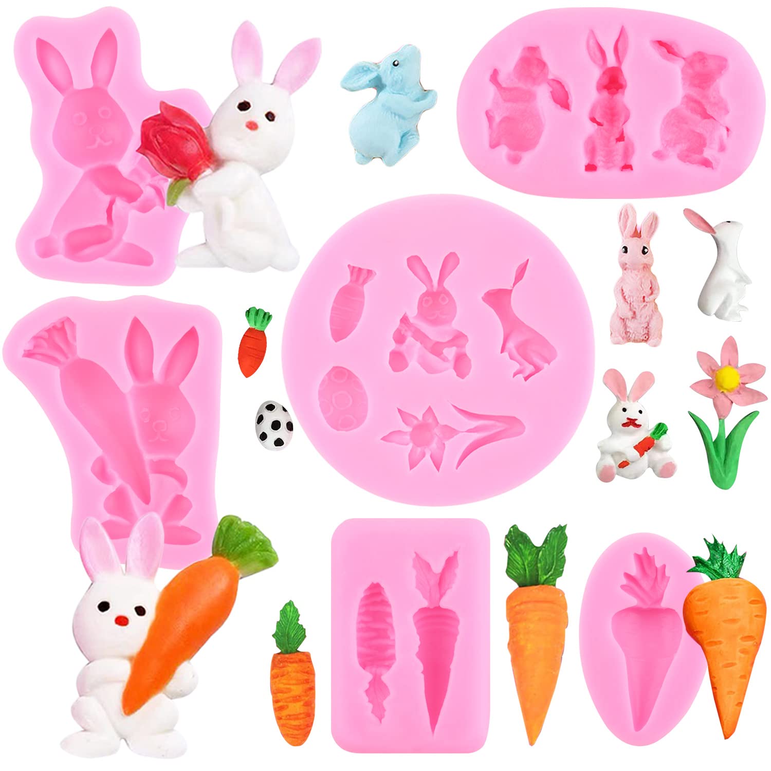 Zixiang Easter Fondant Molds Rabbit Silicone Molds Carrot Chocolate Mold Bunny Flower Candy Mold For Cake Decorating Cupcake Top