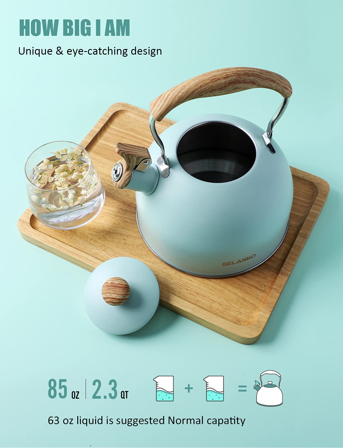 Tea Kettle, Belanko 85 Oz / 2.5 Liter Whistling Tea Kettle, Tea Pots For Stove Top Food Grade Stainless Steel With Wood Pattern