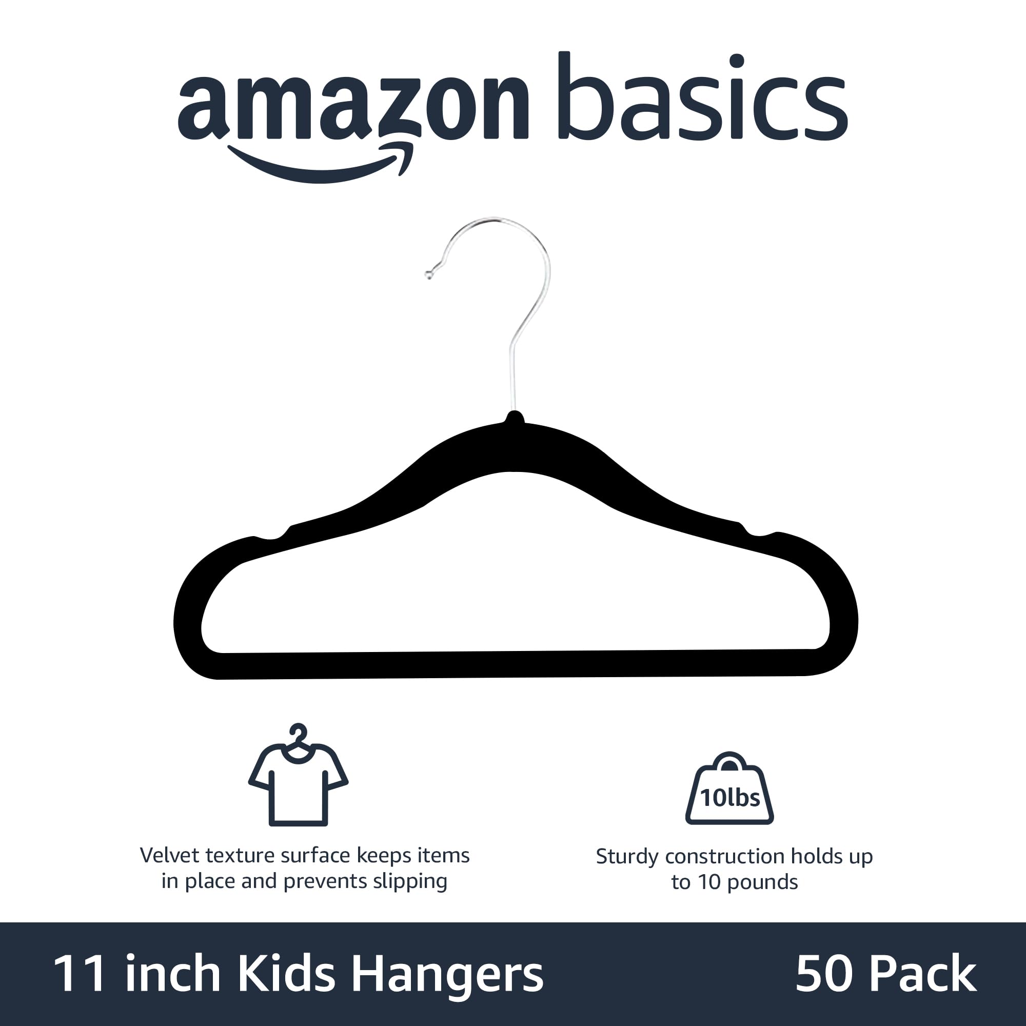 Amazon Basics Kids Velvet, Non-Slip Clothes Hangers For Infant And Toddler, 11.6 Inches (For Baby Clothes), Pack Of 50, Black