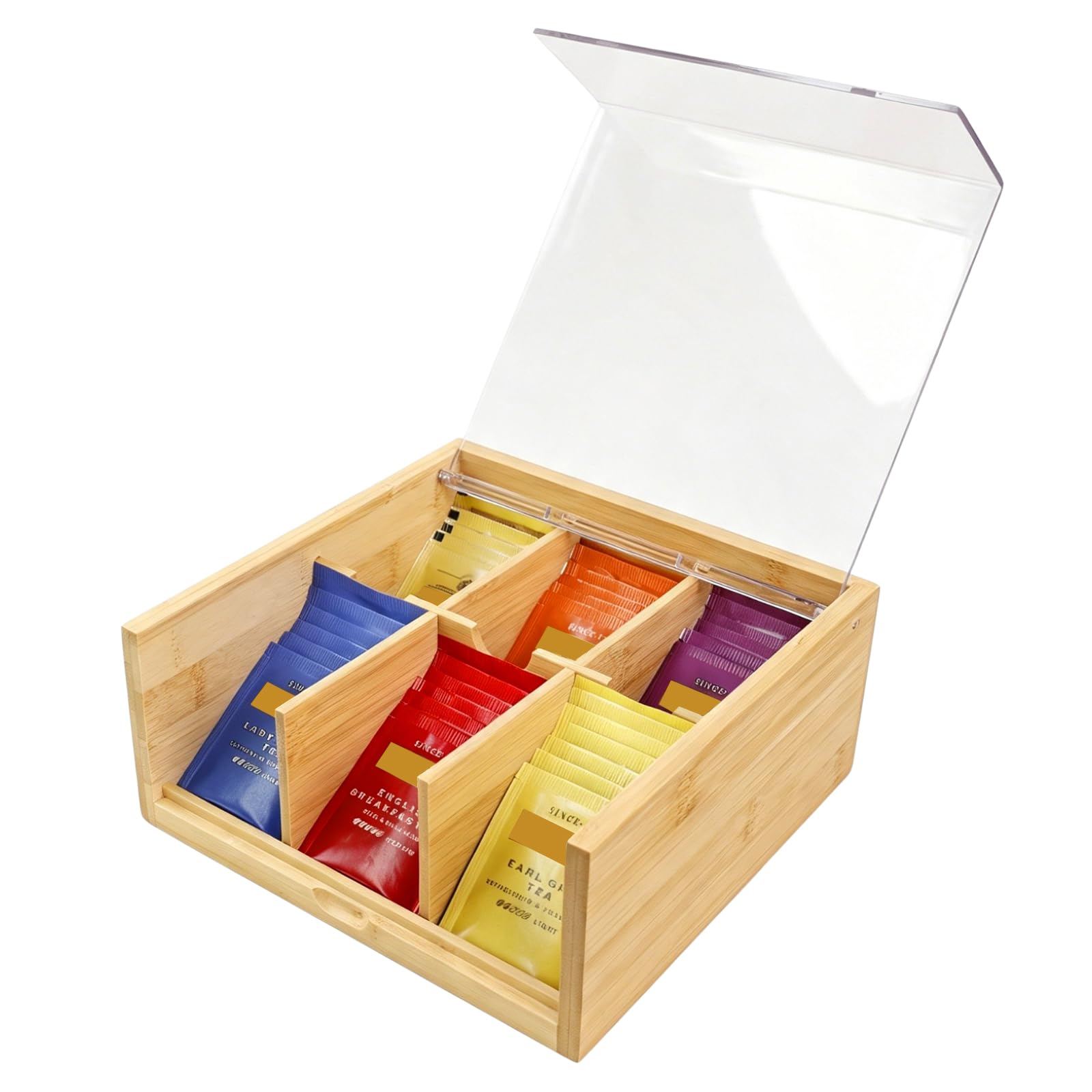 HTB Bamboo Tea Bag Organizer Storage Box with 6 Compartments
