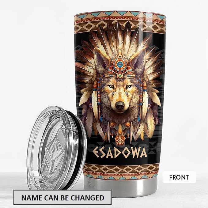 Sandjest Personalized Wolf Tumbler Native American 20Oz 30Oz Tumblers With Lid Gift For Men Women Wolf Lovers Birthday Travel