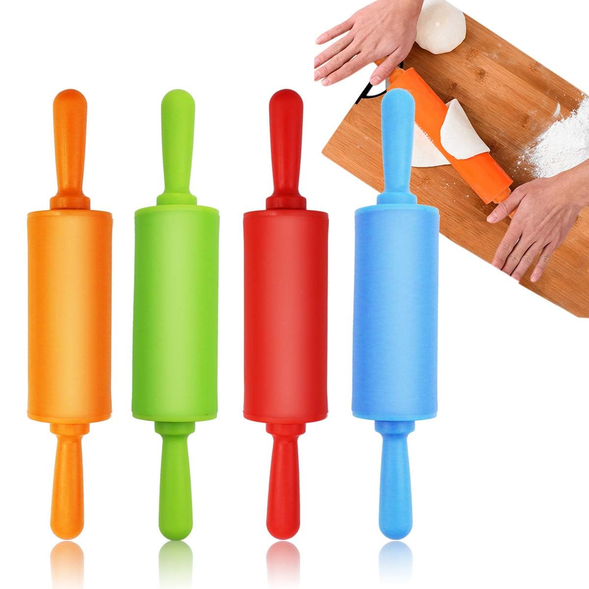 Faxco 4 Pack Mini Rolling Pin For Kids, 9 Inch Plastic Handle Rolling Pin Non-Stick Silicone Rolling Pins For Children Cake Baki
