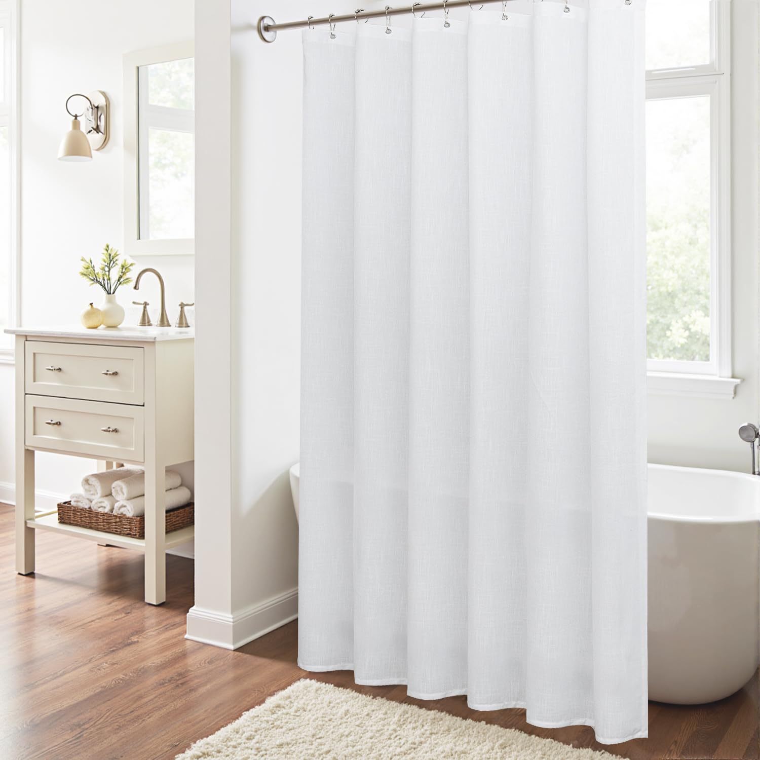 KOUFALL 84 Inch Extra Long Shower Curtain Liner with Hooks Burlap Linen Fabric Waterproof Minimalist Shabby Chic Boho Farmhouse Shower Curtains for Bathroom 72x84 Inches White