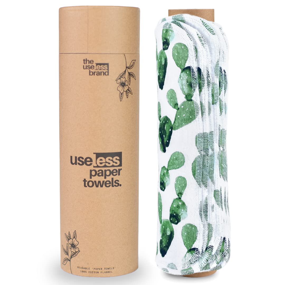 The Useless Brand Reusable Paper Towels Roll | 12 Eco Friendly Washable Cotton Flannel Towels W/Cardboard Roll | Zero Waste & Su