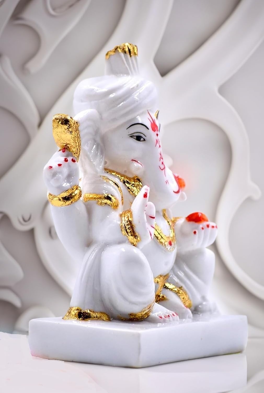 Seema Handicraft Pagadi Ganesh Idol White And Gold, Marble For Home, Office, Gift, Good Luck, Lord Ganesha