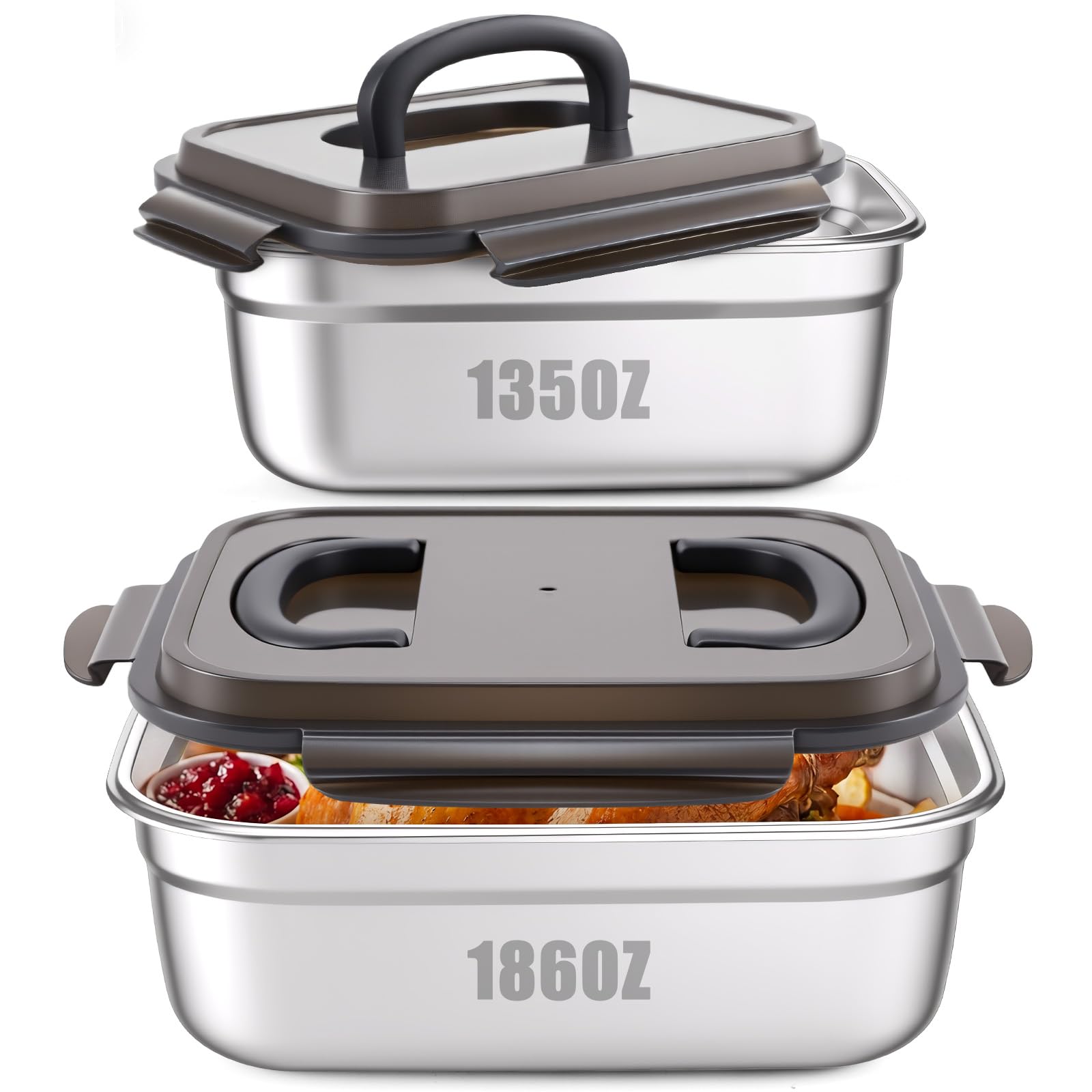 Tiangrid 2 Pcs Large Stainless Steel Marinating Containers with Lids and Handle, 186 Oz/ 5.5 L+135 Oz/ 4L Food Storage Container