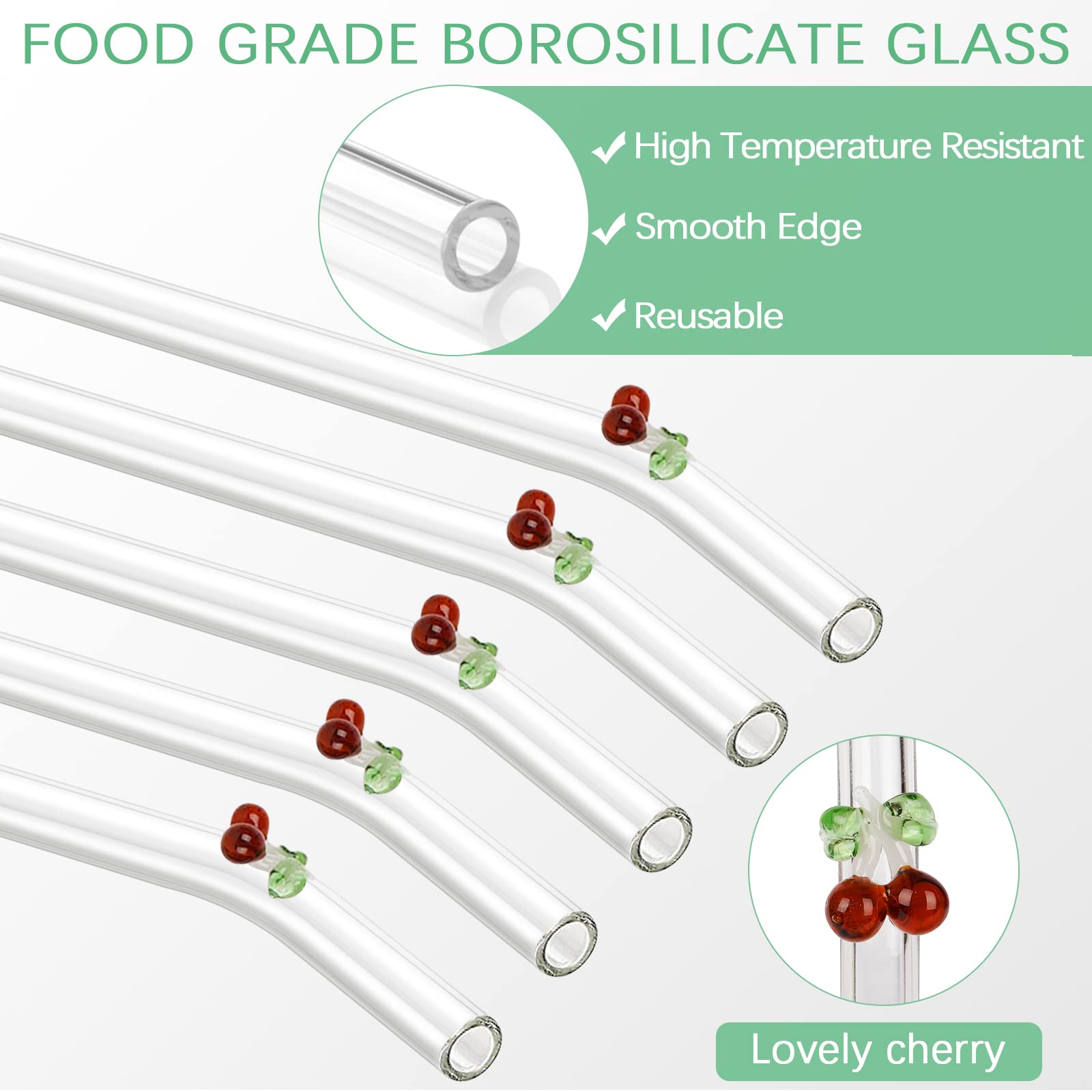 Olpchee 5 Pcs Reusable Straws Clear Glass Straws Colorful Cherry Design Size 7.8'' X 8Mm With 1 Cleaning Brush For Smoothies, Mi