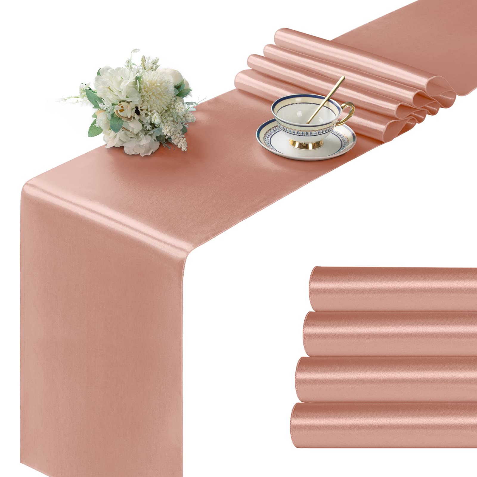 Manyshofu 4Pcs Satin Rose Gold Table Runner - 12 X 72 Inch Long Size, Party Table Runner Decor Bright & Smooth Wedding Decoratio