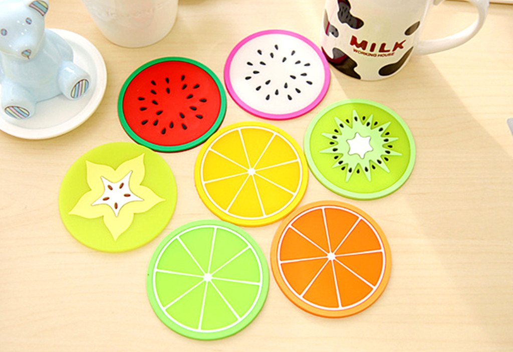 Kinteshun Silicon Drink Coaster,Heat-Insulated Non Slip Fruit Slice Drink Cup Mat Placemat(7Pcs With Different Fruit Slices)