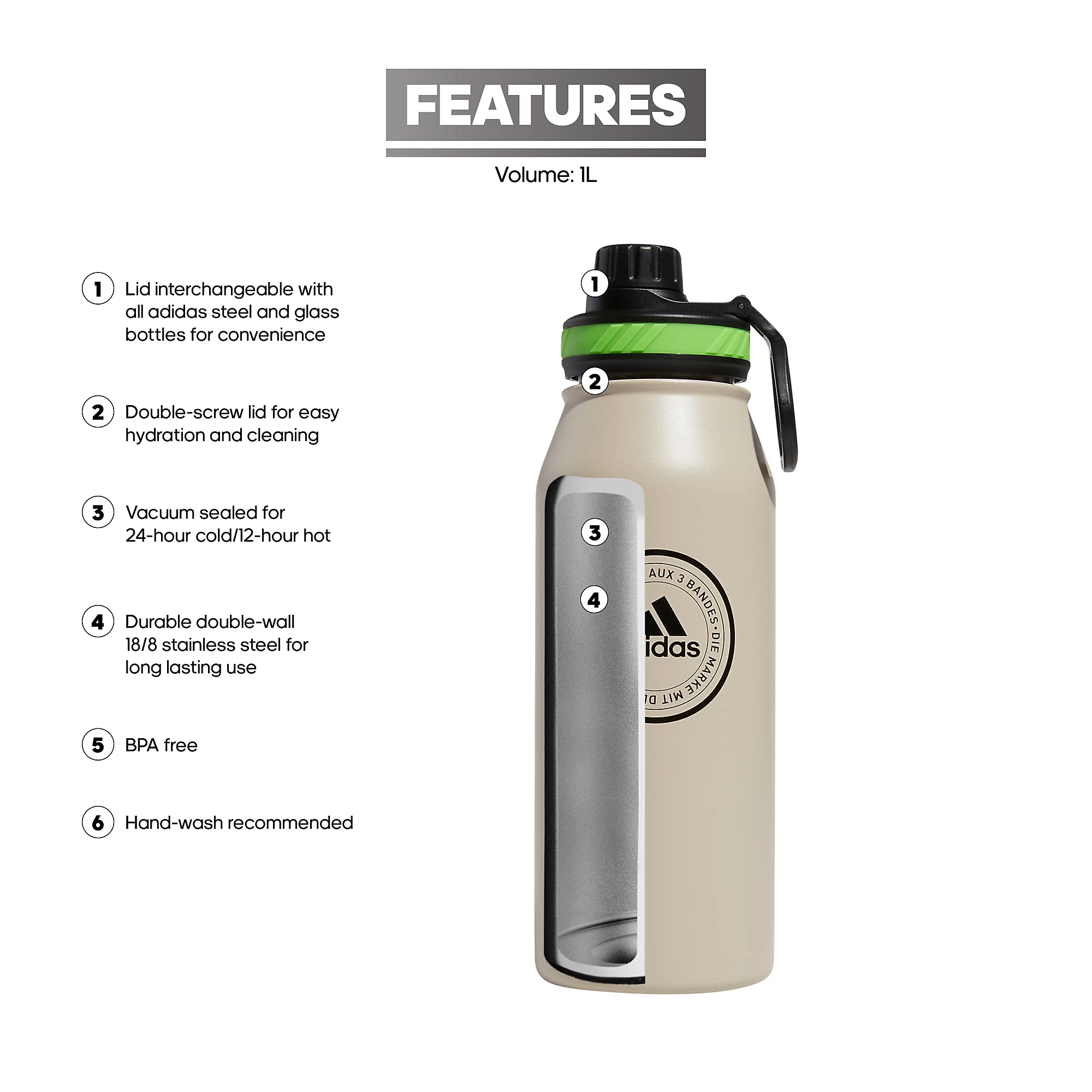 Adidas 1 Liter (32 Oz) Metal Water Bottle, Hot/Cold Double-Walled Insulated 18/8 Stainless Steel, Wonder Beige/Black/Lucid Lime