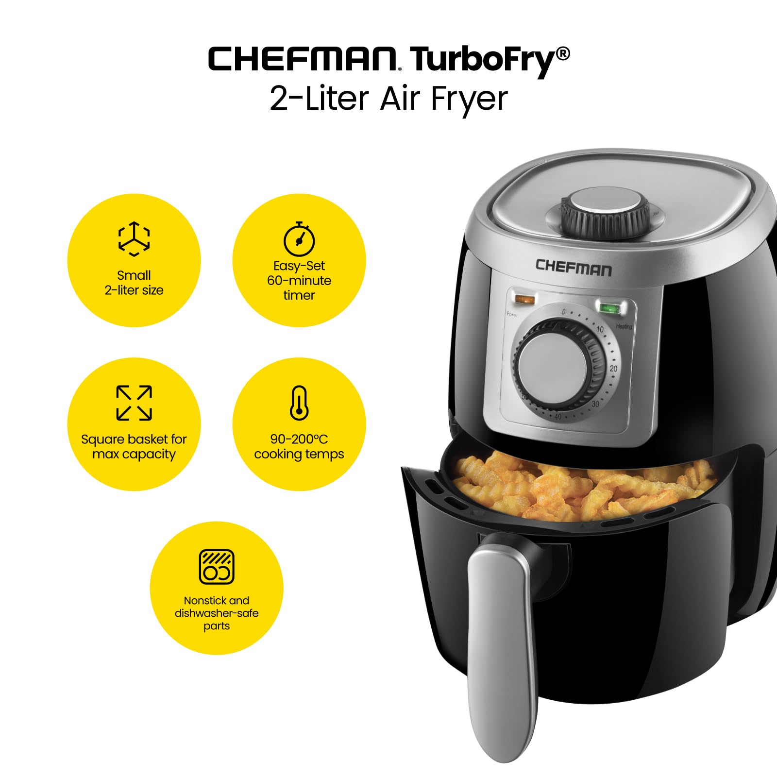Chefman TurboFry 2Qt Air Fryer, Compact & Nonstick, Black, BPA-Free, User Friendly with Adjustable Temp & 60 Min Timer