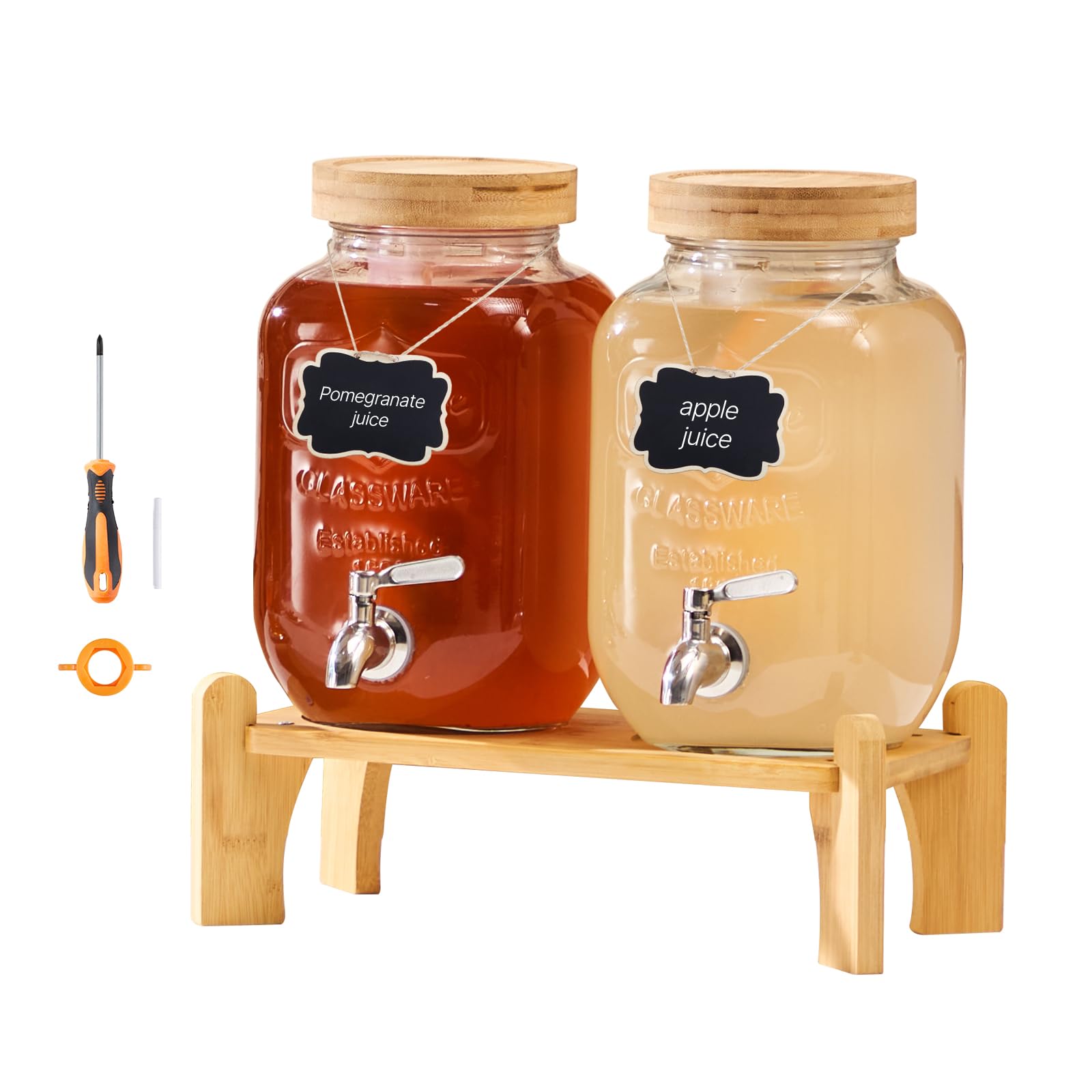 VEVOR Beverage Dispenser, 2 Pack 1 Gallon Drink Dispensers for Parties, Glass Juice Dispenser with Wood Stand, Stainless Steel S
