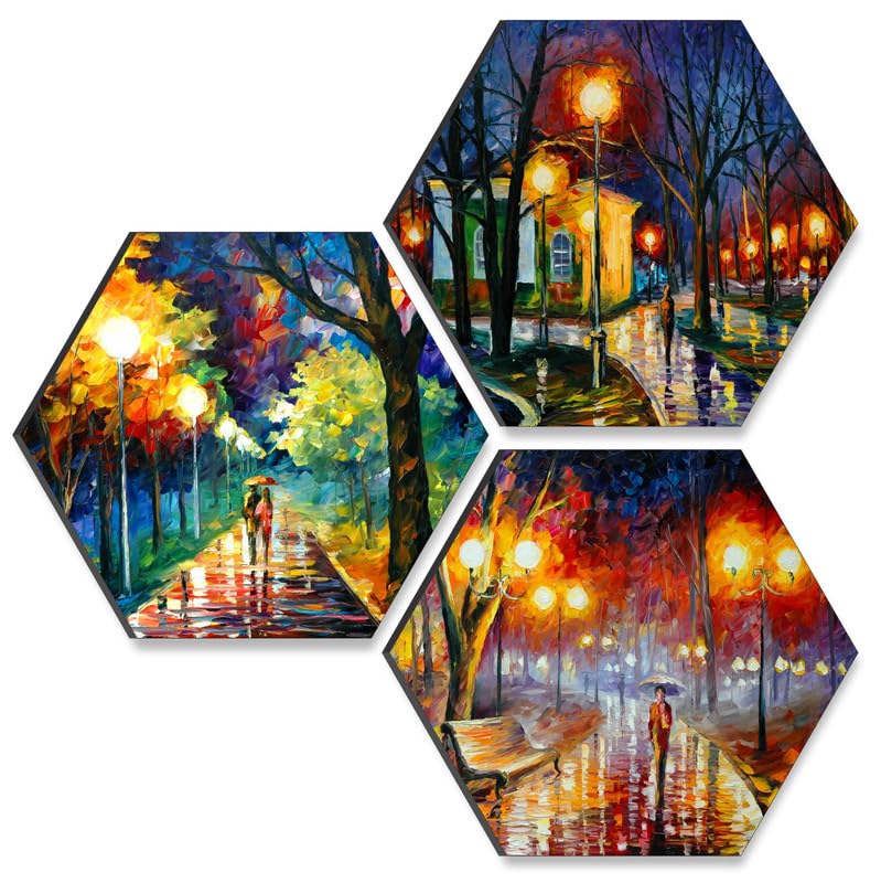 Saf Paintings Couple Walking Uv Textured Mdf Set Of 3 Hexagon Painting 17 Inch X 17 Inch Sanfhx128