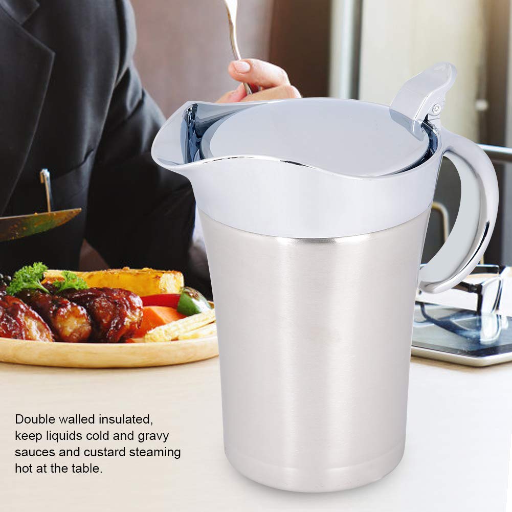 450Ml/750Ml 304 Stainless Steel Thermal Sauce Pot, Double Wall Insulated Gravy Boat Pot With Lid Serving Jug Bucket With Non-Dri