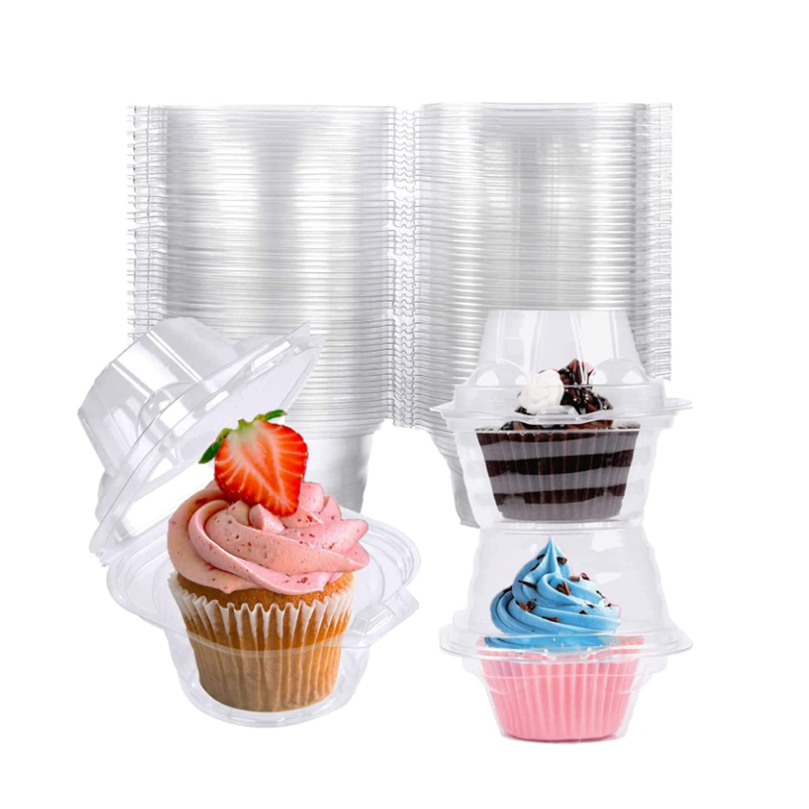 Nplux 50 Pack Individual Cupcake Containers Plastic Cupcake Boxes Cupcake Holders Stackable Deep Dome Cupcake Carrier