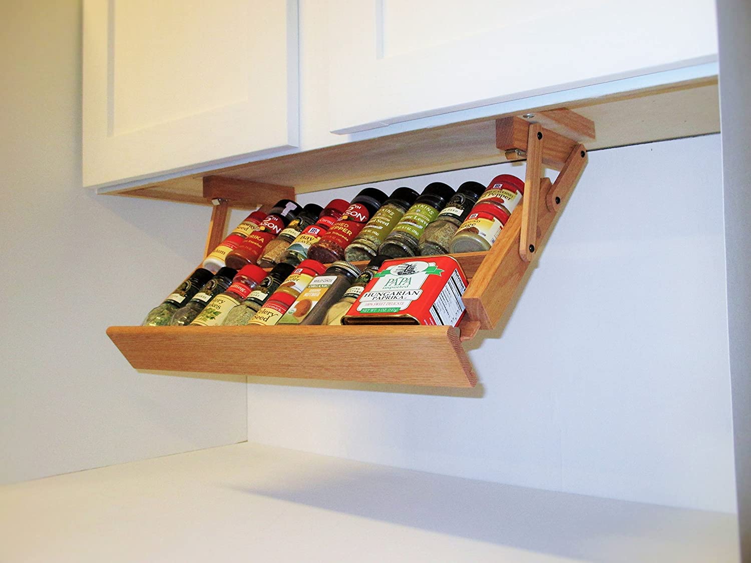 Makimoo Kitchen Spice Rack - Handmade Hardwood, Holds 16 Large Containers, 19.5" Wide, Colonial Maple, Model MK1021