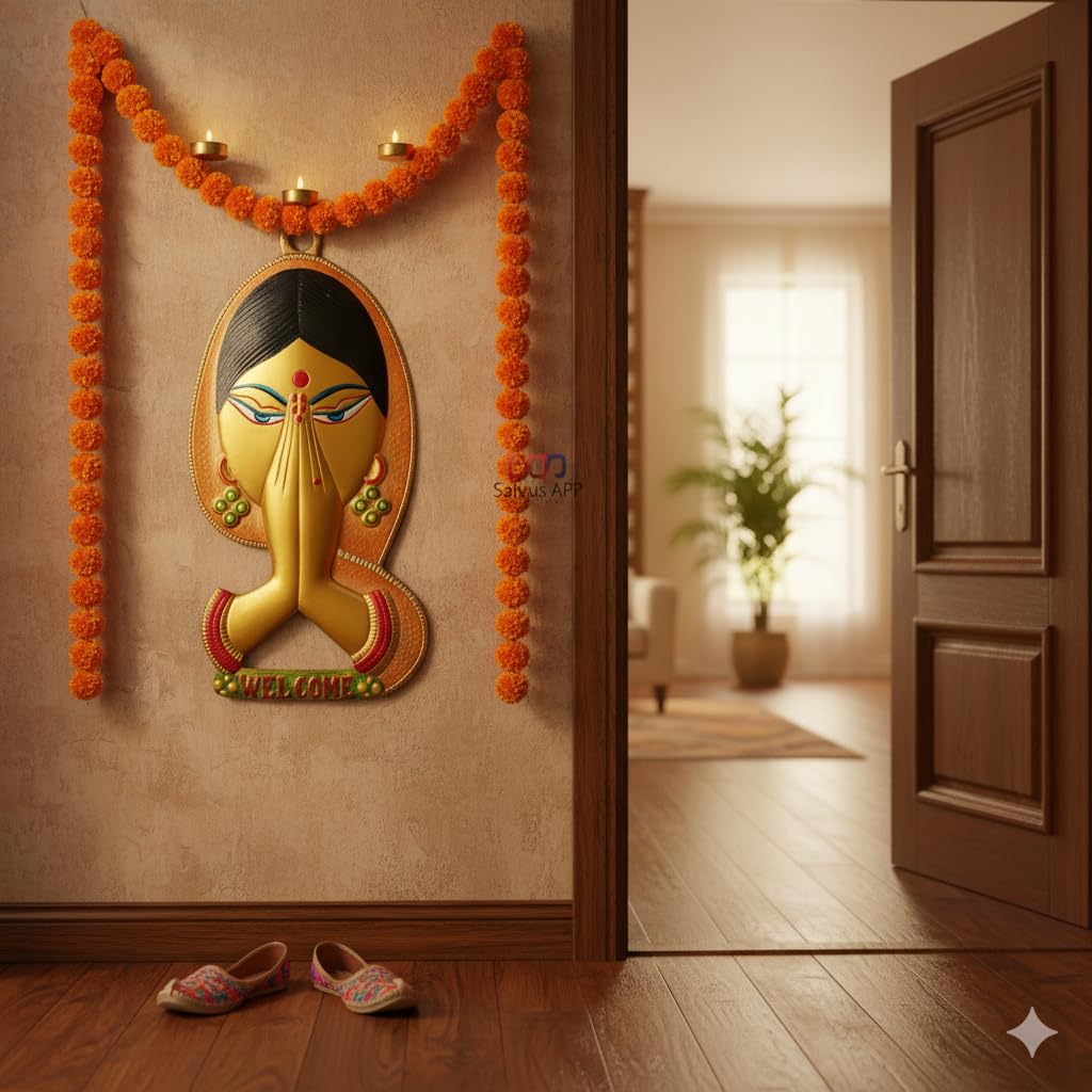 Salvus App Solutions Traditional Indian Namaste Lady Wall Hanging - Elegant Welcome Sign For Home Entrance, Vibrant Hand-Painted