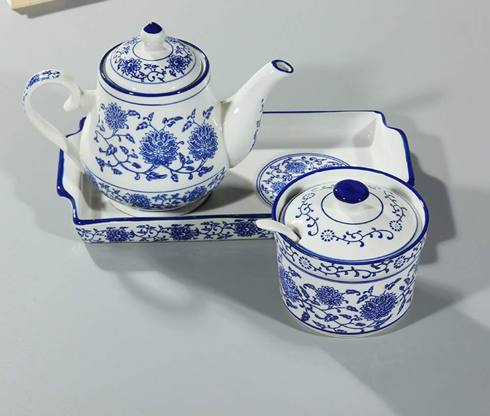 123Arts Ceramic Blue And White Sugar Bowl Spice Jar With Lid Spoon Seasoning Pot