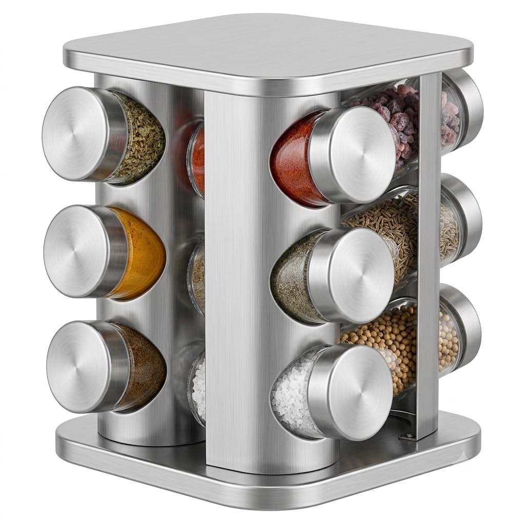 Tropeo 360 Rotating Spice Rack Organizer with 12 Glass Jars | Stainless Steel Spice Rack for Kitchen Countertop | Spice Jar Set 